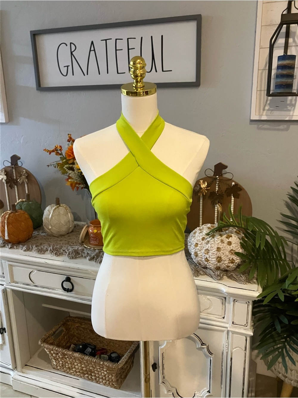 Cross‑Halter Crop Top in Lime Green